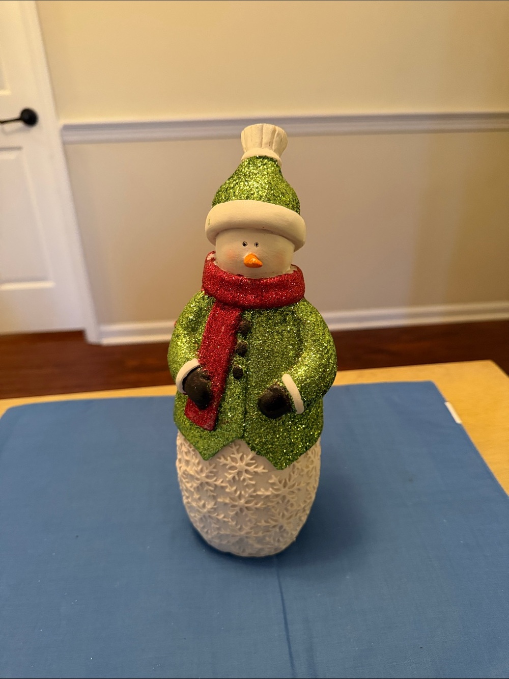 Green & Red Glitter Snowman Holiday Figurine